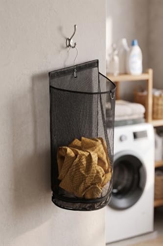 ALYER Hanging Semi Round Storage Mesh Bag,Collapsible Laundry Hamper Basket with Durable Hanger (Black) - color: Black