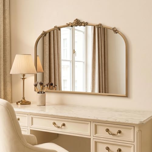 Besdomus Vintage Gold Mirror for Vanity: 32"x24" Traditional Arched Mirror | French Baroque Antique for Wall/Mantel/Bedroom/Entryway/Bathroom/Hallway - Ideal for Fashion- Conscious - size: 24"L x 32"W