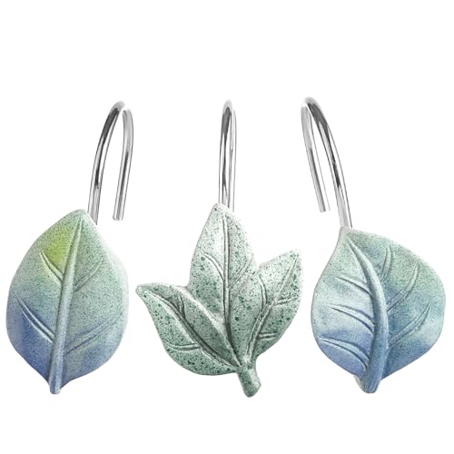 Blue Plant Leaf Shower Curtain Hooks,Eucalyptus Bathroom Decor,12PCS | Cute Decorative Leaves Shower Curtain Rings,Metal Rustproof,Easy Installation,Smooth sliding - color: Blue