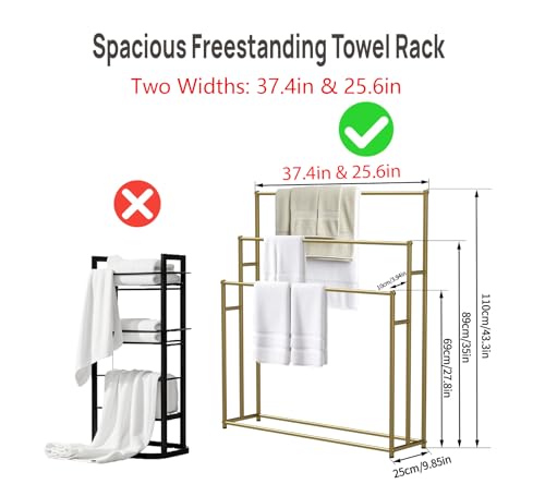 3 Tier Standing Towel Rack - Extra Wide Large Bathroom Towel Stand, Heavy-Duty Metal Towel Drying Rack for Poolside (Matte Gold, 25.6” Wide) - color: Gold
