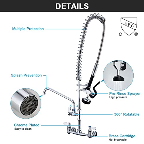 Commercial Sink Faucet with Sprayer 36 Inches Height Wall Mount Kitchen Sink Faucet with Pull Down Pre-Rinse Sprayer and 12" Swivel Spout 8 Inch Center for Compartment Sink - size: Wall 36 Inches
