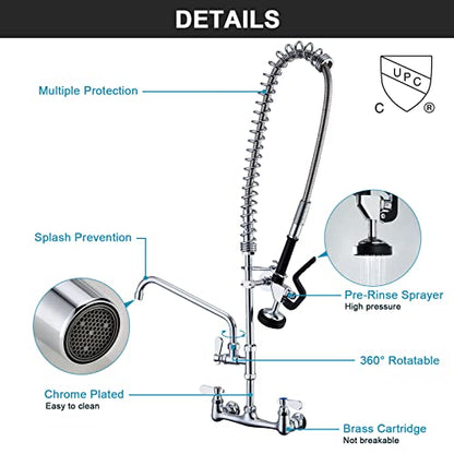 Commercial Sink Faucet with Sprayer 36 Inches Height Wall Mount Kitchen Sink Faucet with Pull Down Pre-Rinse Sprayer and 12" Swivel Spout 8 Inch Center for Compartment Sink - size: Wall 36 Inches