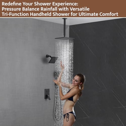 Shower System Matte Black Ceiling Mount Shower Faucet Set with 10 Inch Shower Head, Push Button Diverter Shower Fixtures with 3 in 1 Handheld,6 Inch Shower Head【All Functions Simultaneous Use】 - color: Matte Black, style: 10 Inch+6 Inch