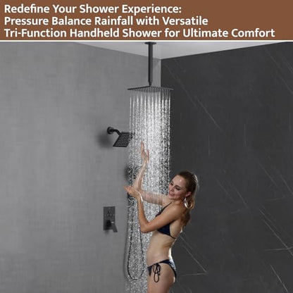 Shower System Matte Black Ceiling Mount Shower Faucet Set with 10 Inch Shower Head, Push Button Diverter Shower Fixtures with 3 in 1 Handheld,6 Inch Shower Head【All Functions Simultaneous Use】 - color: Matte Black, style: 10 Inch+6 Inch