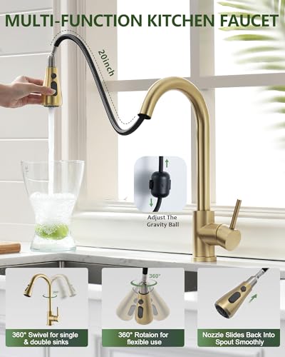 VFAUOSIT Kitchen Faucet with Pull Down Sprayer, Brushed Gold High Arc | Cold-Start Safety, 3 Spray Modes, 360° Swivel, cUPC/CEC Certified, Fingerprint-Resistant Finish, Ceramic Disc Valve - color: Gold