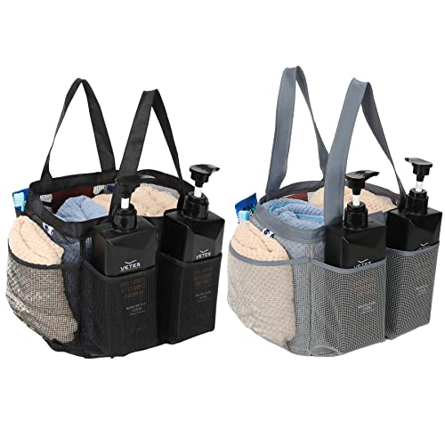 2 Pack Haundry Mesh Shower Caddy Tote Bag Hanging Portable Toiletry Bag College Dorm Essentials Quick Dry Bath Organizer for College Dorms, Gym, Camp for Bathroom Accessories(Grey + Black) - color: Grey + Black