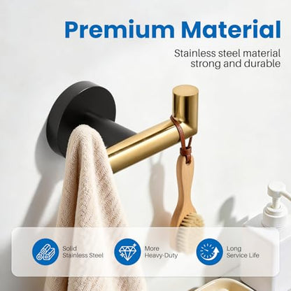 Shower Towel Hook, Wall Mount Robe Hook Holder, Black Gold | Stainless Steel Material, Double Hooks Design, Rust-Resistant, Strong Load-bearing Capacity - color: Black & Gold