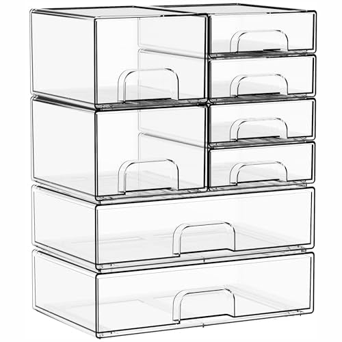 8 Pack Clear Stackable Storage Drawers,Acrylic Drawer Organizer for Medicine,Palettes,Hair Accessories and Makeup Organizer,Plastic Drawers for Cabinet,Office,Desk,Bathroom Storage Containers - style: 8 PACK