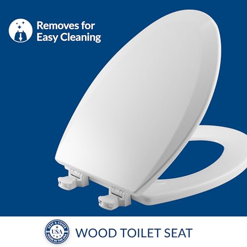 Bemis 1500EC 390 Lift-Off Wood Elongated Toilet Seat, Cotton White (Pack of 1) | Durable enameled wood resists chipping & scratching, fits all standard elongated toilets, Made in USA, 1500EC 390 - size: Elongated, style: Minimalist