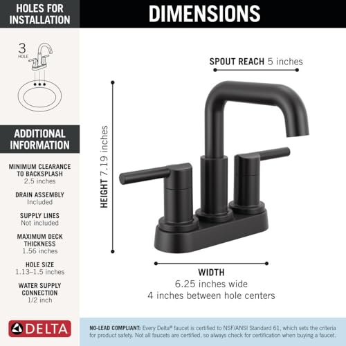 Delta Nicoli Centerset Matte Black Bathroom Faucet, 4 Inch 3 Hole Bathroom Sink Faucet for Vanity, Push-Pop Drain Assembly, Matte Black 25849LF-BL - color: Matte Black