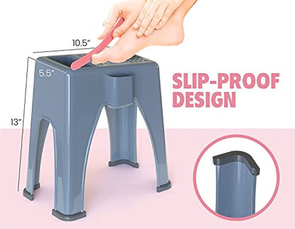 Skywin Extra Tall Shower Foot Rest with 3 Pockets to Hold Shaving Essentials 10 x 7.8 x 13 Inches - Extra Heighted Plastic Pedicure Foot Rest - Shower Stool for Shaving Legs (Grey) - color: Grey