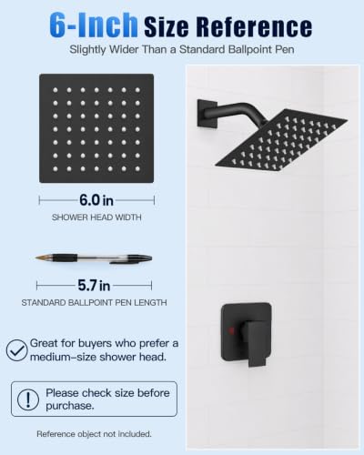 Heyalan 6 Inch Square Rain Shower Faucet Set with Valve, Matte Black | Female-thread 1/2-inch NPT connections, SUS304 shower head, brass rough-in valve, single-handle control Shower Set - color: Black, size: 6 Inch Square Shower Head