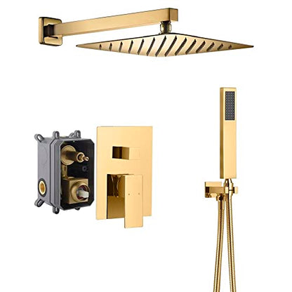 Cascada 12” Square Shower System (Wall Mounted) with Single Handle & square knob, 2 Functions (Rainfall & Handheld) (Polished Gold) - color: Polished Gold