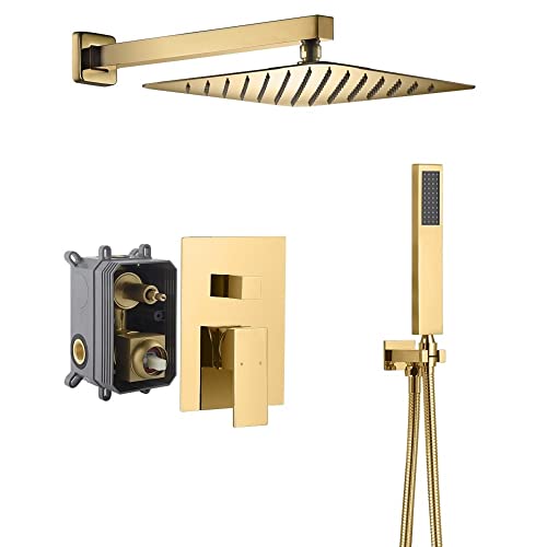 Cascada 12” Square Shower System (Wall Mounted) with Single Handle & square knob, 2 Functions (Rainfall & Handheld) (Polished Gold) - color: Polished Gold
