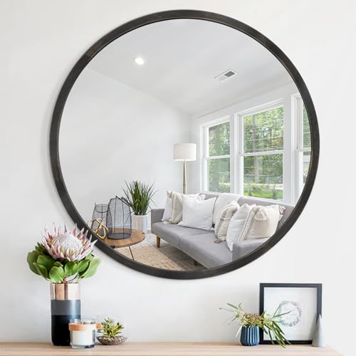 JJUUYOU JJUYOU Black Circle Wall Mirror - Round Wood Framed Mirror for Bathroom, Living Room, Vanity, Bedroom - 16 Inch - color: Shadowy, size: 16"L x 16"W