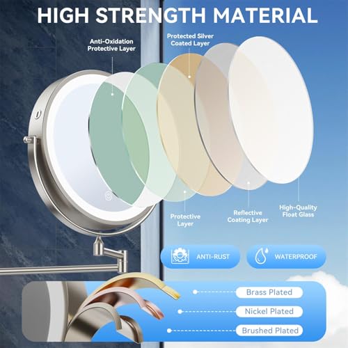 Auxmir 9″ 5000mAh 1X/30X Wall Mounted Lighted Magnifying Makeup Mirror | Power Adapter&2 Tweezers Included/ 3 Dimmable Colors/ Dual Sided Button Control/ Rechargeable/ 360° Rotation Extended Arm - color: 9'' 30x-nickel+adapter