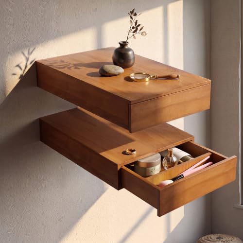 Pinkunn 2 Pack Floating Shelves with Drawers Natural Solid Wood 15.7x9.8 in | Wall Mounted Storage Shelf Hanging Rustic Plants Books Shelves for Living Room Entryway Hall Bedroom Bathroom