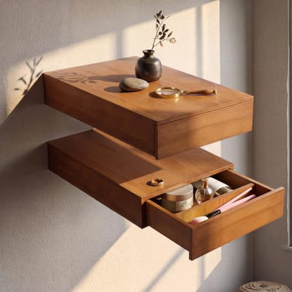 Pinkunn 2 Pack Floating Shelves with Drawers Natural Solid Wood 15.7x9.8 in | Wall Mounted Storage Shelf Hanging Rustic Plants Books Shelves for Living Room Entryway Hall Bedroom Bathroom