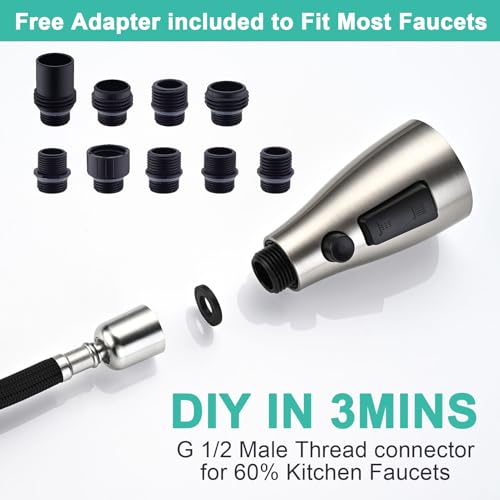 Metal Kitchen Faucet Head Replacement, 3-Function Pull Down Spray Head for Kitchen Faucet, High Pressure Sink Spray Nozzle with 9 Adapters Compatible with American Standard, Brushed Nickel - color: Brushed Nickel