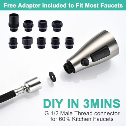Metal Kitchen Faucet Head Replacement, 3-Function Pull Down Spray Head for Kitchen Faucet, High Pressure Sink Spray Nozzle with 9 Adapters Compatible with American Standard, Brushed Nickel - color: Brushed Nickel
