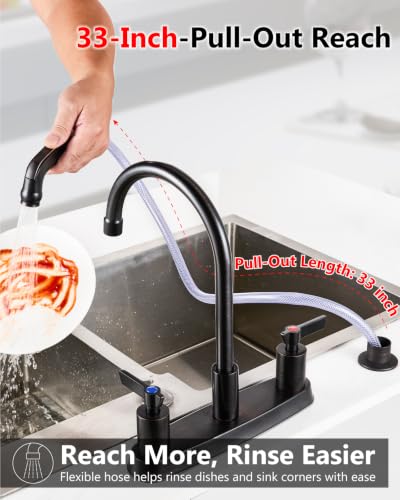 Kitchen Faucet with Side Sprayer, 8 Inch Centerset 4-Hole Bronze | Lead-Free 4-Hole High Arc Kitchen Sink Faucet, 1.8 GPM, 360° Spout - color: Bronze