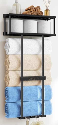 STWWO Bathroom Towel Storage Rack, 31” Towel Organizer with Storage Basket | Metal Bathroom Towel Holder with Shelf, Towel Rack with 3 Hooks for RV, Apt, Small Bathroom, Holds 5 Large Towels, Black