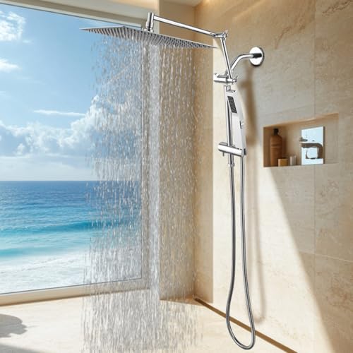 All Metal 10 Inch Rain Shower Head with Handheld Spray Combo, High Pressure Waterfall Rainfall Square Shower Heads with 16" Adjustable Extension Arm, Dual Showerhead with 3-Way Diverter, Chrome - color: Polished Chrome, size: 10 Inch