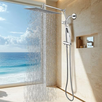 All Metal 10 Inch Rain Shower Head with Handheld Spray Combo, High Pressure Waterfall Rainfall Square Shower Heads with 16" Adjustable Extension Arm, Dual Showerhead with 3-Way Diverter, Chrome - color: Polished Chrome, size: 10 Inch