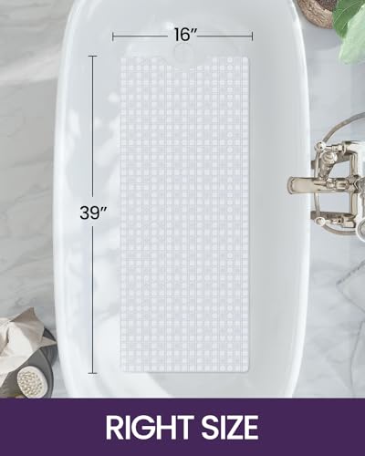DEXI Bathtub Mat Non Slip, 39x16 Bath Tub Shower Floor Bathroom Mats Clear | Extra Long Suction Cups, Drain Holes, Machine Washable for Tub Shower Floor Bathmat - color: Clear