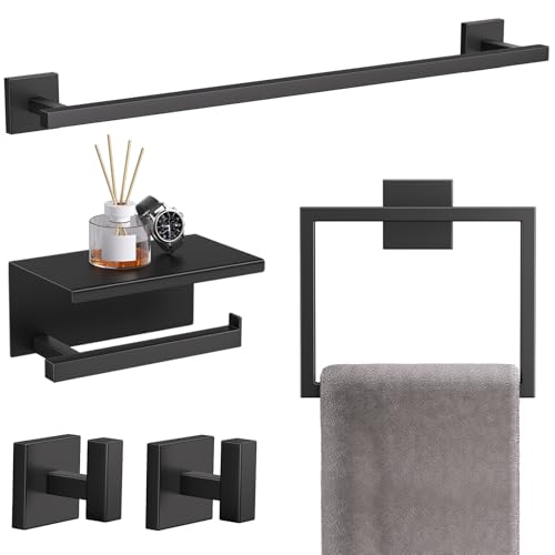 TQKAG 5-Pieces Matte Black Bathroom Hardware Accessories Set 23.6" SUS304 Stainless Steel Towel Bar Set Wall Mounted Square Toilet Paper Holder with Shelf - color: Matte Black, size: 5-Pieces Set-B