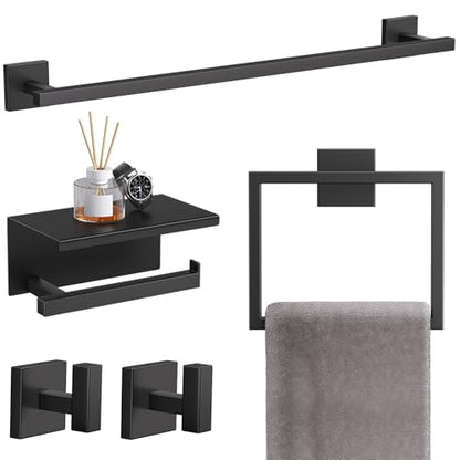 TQKAG 5-Pieces Matte Black Bathroom Hardware Accessories Set 23.6" SUS304 Stainless Steel Towel Bar Set Wall Mounted Square Toilet Paper Holder with Shelf - color: Matte Black, size: 5-Pieces Set-B