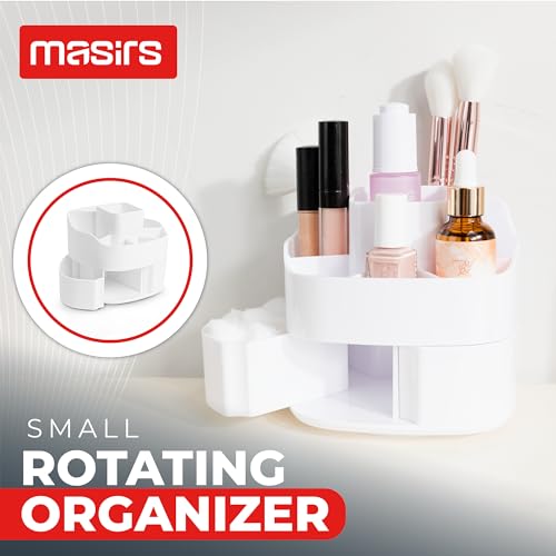 Masirs Small 360 Rotating Makeup Organizer, 5 Compartments, Square White | Small 360 Rotating Makeup Organizer, 5 Compartments, Acrylic Mini Lazy Susan, Vanity Bathroom Counter, Square White - color: Square White