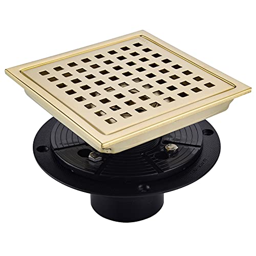 6 Inch Square Shower Floor Drain Brushed Brass with Flange,SUS304 Stainless Steel Gold Shower Drain Cover with Quadrato Pattern Grate Removable Hair Strainer,98738BG6-S. - color: Brushed Gold（set）