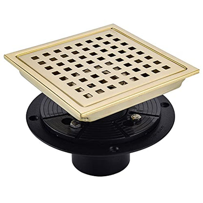 6 Inch Square Shower Floor Drain Brushed Brass with Flange,SUS304 Stainless Steel Gold Shower Drain Cover with Quadrato Pattern Grate Removable Hair Strainer,98738BG6-S. - color: Brushed Gold（set）