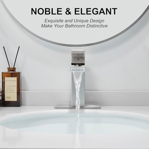 RUMOSE Bathroom Faucets 1 & 3 Hole Vanity Faucet with Drain Brushed Nickel | Single Handle Bathroom Sink Faucet Set Waterfall Spout Kit with Deck Plate Rv Lavatory Basin Faucet, Stainless Steel - color: Brushed Nickel