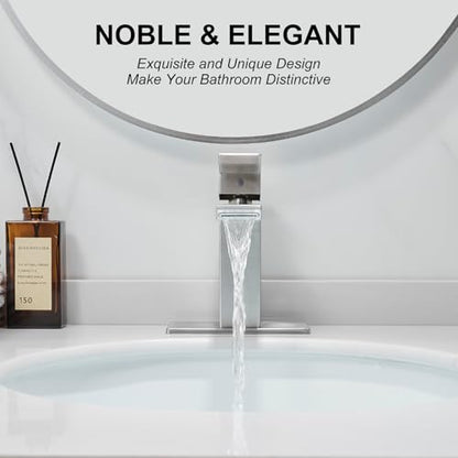 RUMOSE Bathroom Faucets 1 & 3 Hole Vanity Faucet with Drain Brushed Nickel | Single Handle Bathroom Sink Faucet Set Waterfall Spout Kit with Deck Plate Rv Lavatory Basin Faucet, Stainless Steel - color: Brushed Nickel