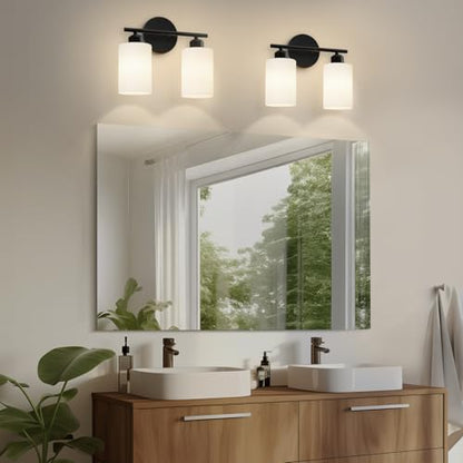 2-Light Bathroom Light Fixtures, Black Modern Vanity Lights with Milky White Frosted Glass Shades, Wall Sconce Light for Bedroom, Living Room and Hallway, 2-Pack - color: Milky White & Matte Black, size: 2 Light - 2 pack