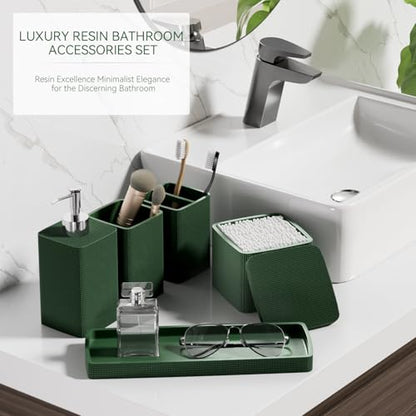 Dark Green Bathroom Accessories Set 5 Pieces, Resin Toothbrush Holders Set Complete with Soap Dispenser, Toothbrush Holder, Vanity Tray, Bathroom Tumbler and Qtip Holder for Small Spaces - size: 5 Pcs Bathroom Set, style: Dark Green