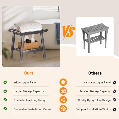 Bamboo Shower Stool Bench,Shower Chair for Inside Shower with Storage Shelf | Grey,Large Storage,Ergonomic Curved Design,A-Shaped Stable Construction,Non-Slip Rubber Feet,Hold 300lbs - color: Grey