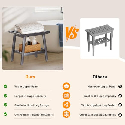 Bamboo Shower Stool Bench,Shower Chair for Inside Shower with Storage Shelf | Grey,Large Storage,Ergonomic Curved Design,A-Shaped Stable Construction,Non-Slip Rubber Feet,Hold 300lbs - color: Grey