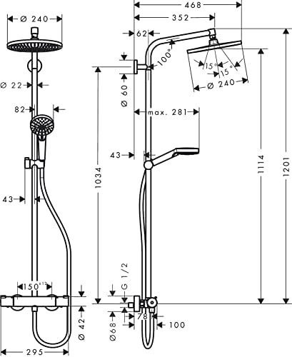 Hansgrohe Crometta S Shower System With Thermostat, Rainfall Head (⌀ 240 mm), Hand Shower (2 Sprays), Hose, Rail and Round Head (1 Spray), Chrome - size: with thermostat, style: 1 spray mode