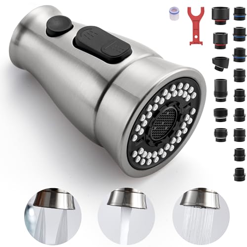 TIORIY Pull Down Kitchen Sink Faucet Spray Head Replacement with 15 Adapters, 3 Function Kitchen Faucet Spray Nozzle, Kitchen Faucet Sprayer Head Attachment, Brushed Nickel - color: Brushed Nickel