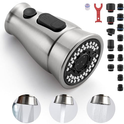 TIORIY Pull Down Kitchen Sink Faucet Spray Head Replacement with 15 Adapters, 3 Function Kitchen Faucet Spray Nozzle, Kitchen Faucet Sprayer Head Attachment, Brushed Nickel - color: Brushed Nickel