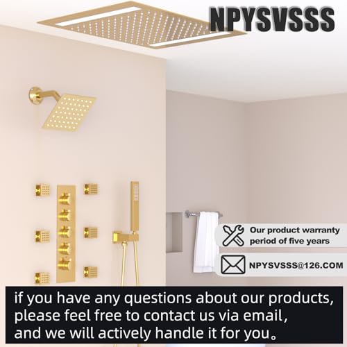 Thermostatic Shower System with 14x20 Inch Ceiling Mount LED Head & 6 Inch Wall Head and Handheld Shower 4 Function Vale with body jets Can All Run Together,Brushed Gold - color: Brushed Gold, style: 14x20 led+6 jets