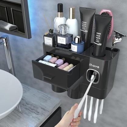 iHave Toothbrush Holders Wall Mounted with Toothpaste Dispenser & 2 Cups | All-in-One Bathroom Organizer: 2 Cups, 6 Slots, Toothpaste Dispenser, Large Tray & Drawer. Wall Mount, No Drilling Required - color: Black, size: 2 cup
