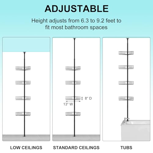 4-Tier Corner Shower Caddy Tension Pole, Adjust Bathroom Organizer Shelves | 76"-110" Adjustable Rustproof Bathroom Shelves, Shelves with Built-In Towel Bars, Space-Saving Design