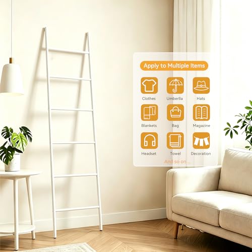 6-Tier Blanket Ladder 68 Inch Wall-Leaning Towel Rack for Living Room and Bedroom, Easy Assembly - White - color: White