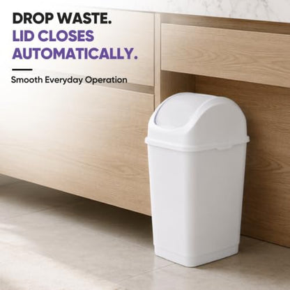 Superio Small 2.5 Gallon Plastic Trash Can with Swing Top Lid, Compact Slim Waste Bin for Under Desk, Office, Bedroom, Bathroom, Dorm Room, 10 Qt. Portable Garbage Can (White) - size: 2.5 Gallon, style: 1 Pack
