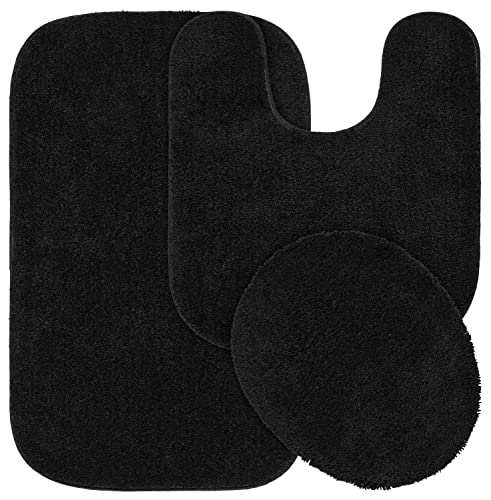 Garland Rug Traditional Nylon Washable Black 3 Piece Set - Lid, Contour, Bath Rug - Soft, Absorbent, and Stylish for Your Bathroom - color: Black, size: 3 Piece Set - Lid, Contour, Bath Rug