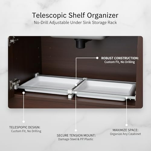 Adjustable Telescopic Cabinet Shelf, Tool-Free Under Sink Organizer Rack, Carbon Steel and PP Plastic Storage Solution for Kitchen and Bathroom - size: 9.84 x 5.91 x 0.98 in